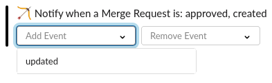 Notification event settings showing merge request notifications for approved, created, and updated events.