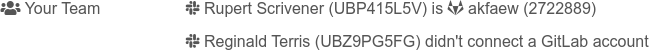 Team member list showing Rupert Scrivener connected and Reginald Terris missing a connected GitLab account.