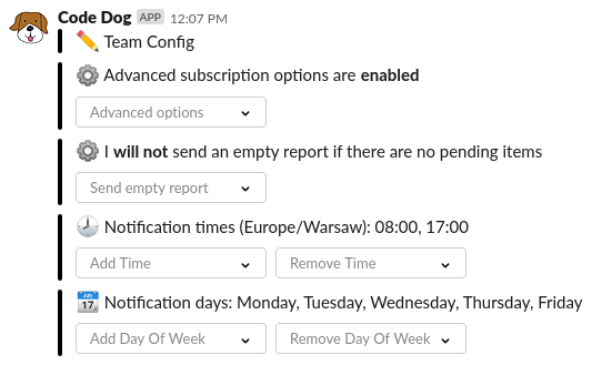 Code Dog team configuration in Slack with advanced options enabled, empty reports disabled, and notification time and day controls.