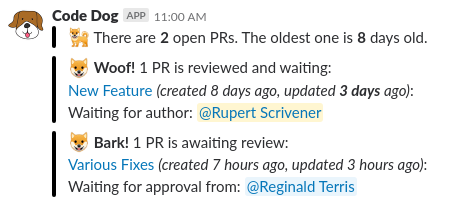 Slack report from Code Dog showing two open pull requests, including one waiting for review and one awaiting approval.