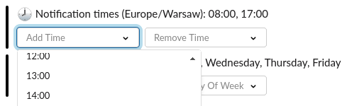 Notification time settings showing reports scheduled for 08:00 and 17:00 in Europe/Warsaw, with an add-time dropdown open.