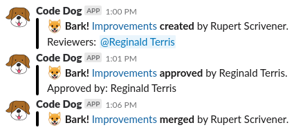 Slack messages from Code Dog announcing that a merge request was created, approved, and merged.